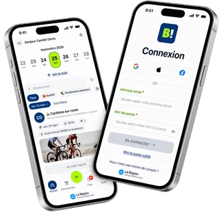 Aperçu de BAMOS ! sur deux téléphones : l'écran d'accueil liste les activités du jour choisi, avec leur niveau, leur horaire et leur lieu ; l'écran de connexion, par email ou par un compte Google, Apple ou Facebook.