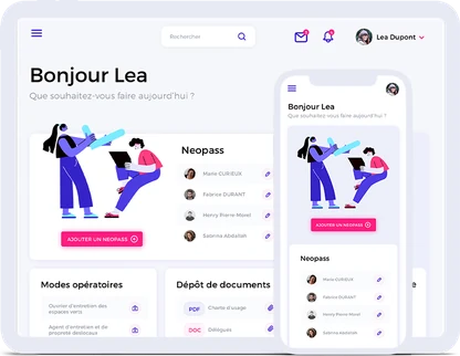 Aperçu de NEOPASS sur tablette et sur téléphone : l'accueil liste les passeports de compétences des travailleurs et donne accès aux modes opératoires et aux documents.
